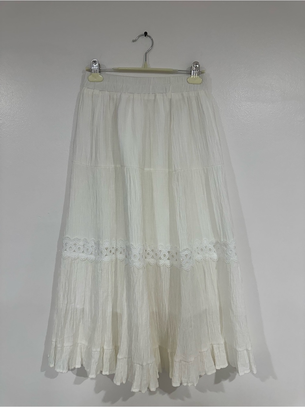 White Tiered Lace-Trim Maxi Skirt